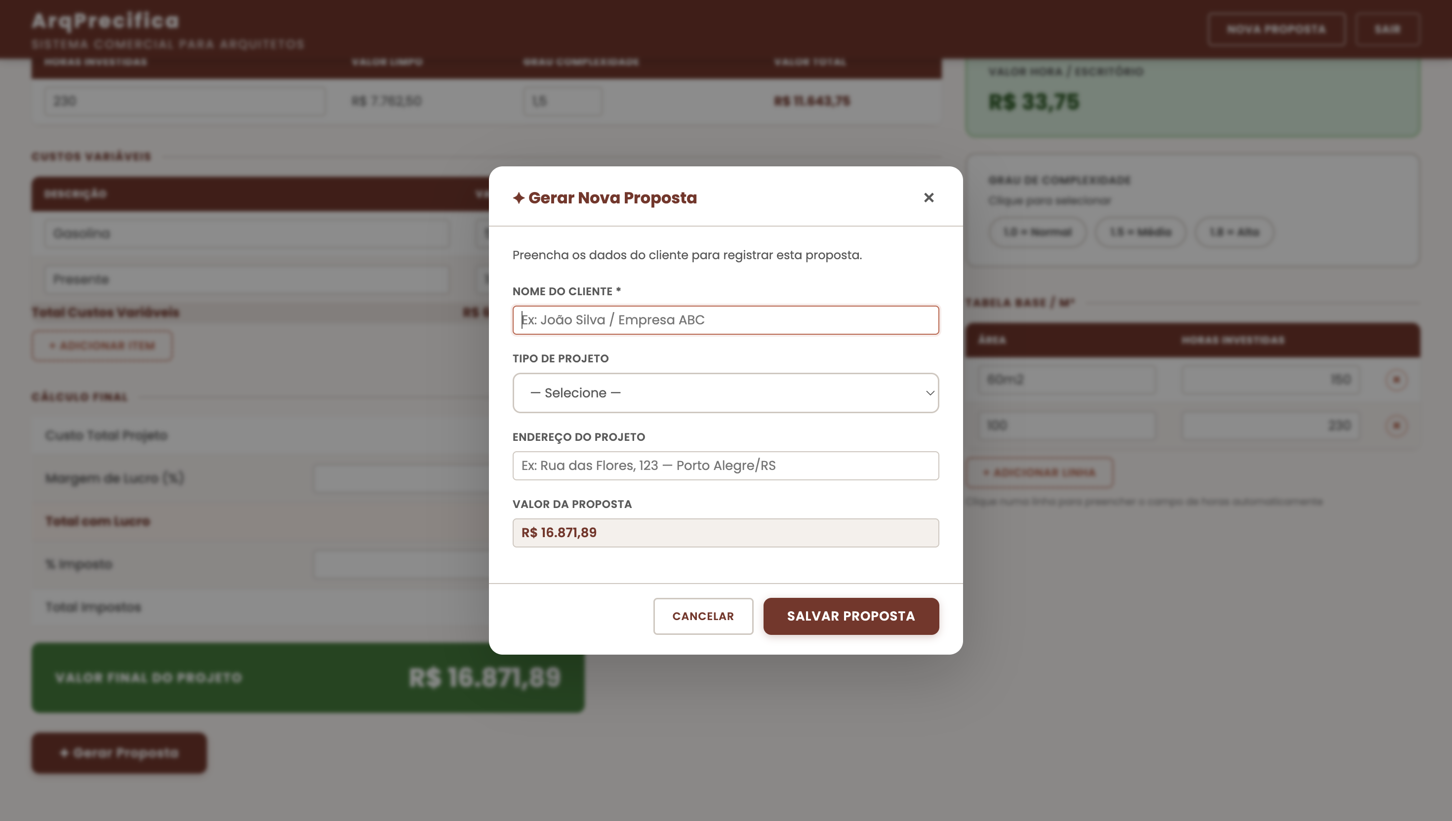 Modal de nova proposta